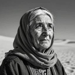 a black and white photo of a old woman with a scarf around her neck in the desert