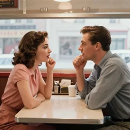 beautiful couple arguing in a New York diner 1959s, by Roger Deakins