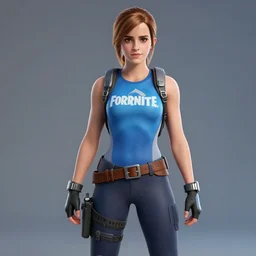 Emma Watson a dressed in Fortnite default custom ,hyperrealistic, 8k UHD, studio photography, high quality, high detail, stunning lighting