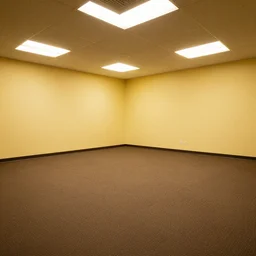 an enpty office with no windows, brown damp carpet yellow walls, and florescent lighting
