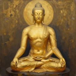 a paiting of a golden faceless man in meditation position