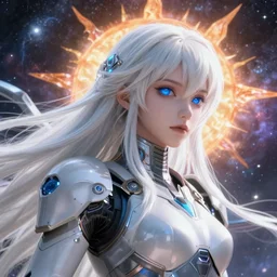 perfect android girl on a mothership, warframe armor, beautiful face, scifi, futuristic, galaxy, nebula, sun yunjoo, dreamy, long white hair, blue cyborg eyes, sharp focus, cinematic lighting, highly detailed, artstation, divine, by gauthier leblanc, kazuya takahashi, huifeng huang