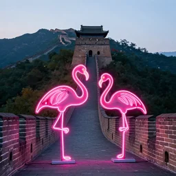 neon pink flamingo signs on the great wall of china