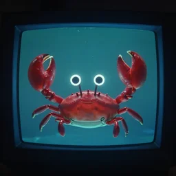 robot kawaii crab underwater, in 2 0 1 2, bathed in the the glow of a crt television, crabcore, low - light photograph, photography by tyler mitchell