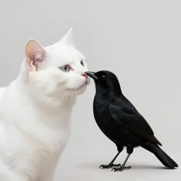 a white cat kissing a black bird