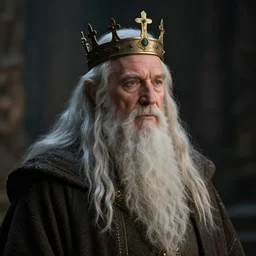 portrait of a gentle and wise dwarf king with a crown with long hairs in alan lee and marc simonetti and emil melmoth style  , cinematic lighting