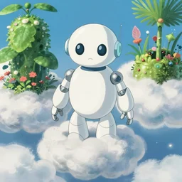 still from the miyazaki anime film garden in the sky, a garden in the clouds, robot gardener, beautiful garden island, studio ghibli cartoon