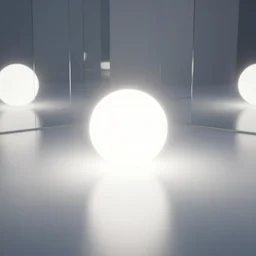 3D model of An orb of light sitting in the middle of an large empty room of mirrors, brightly lit, 4k, ultra HD, Octane 3d render