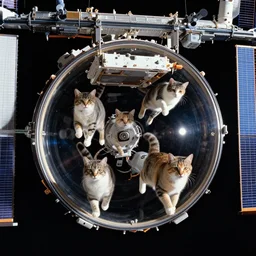 Photo of cats floating inside the International Space Station in zero gravity, highly-detailed 4K award-winning