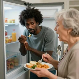 lanky black stoner with bad haircut, eating his wife's dinner furtively, open refrigerator and sulking silently, his grandmother yelling at him