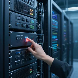 very detailed android pushes a button on a sci - fi server rack in a cyberpunk data center. concept by greg rutkowski, conrad roset, takato yomamoto, james jean, rule of thirds