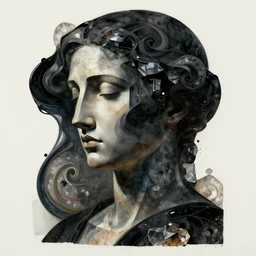 epic concept art. abstract female face silhouette mixing with black and color liquid fluid, quartz. abstract sculpture. art deco swirls. masterpiece, michelangelo. concept art, matte painting. greg rutkowski, wlop, victo ngai, kandinski