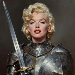 greg manchess oil matte portrait painting, marilyn monroe as a knight with a beautiful face, sword and shield, wonderful masterpiece highly detailed, scifi, beautiful cinematic light deep focus, elegant, digital painting, smooth, sharp focus, golden ratio, dramatic illumination, ultra realistic, 4 k, art by greg rutkowski wlop rossdraws