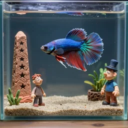 siamese fighting fish. plasticine model in water. figures clay. tilt shift. clay figure. surreal. tropical fish tank with sand. strange. weird. astrix and obelisk. tintin. hands. tank. wallace and gromit. aquatic photography. photorealistic. waiting room