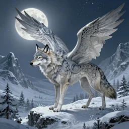 Winged wolf on a beautiful fantasy landscape, mountainside, winter, moonlit, HD, illustration, epic, D&D, fantasy, intricate, elegant, highly detailed, digital painting, artstation, concept art, smooth, sharp focus, illustration, wallpaper, art by artgerm and greg rutkowski and alphonse mucha and jin xiaodi