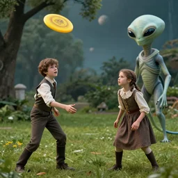 sharp, highly detailed, film from a 2 0 1 9 sci fi 8 k movie, set in 1 8 6 0, a boy and a girl playing frisbee with a humanoid alien in a park, on an alien planet, wearing 1 8 6 0 s clothes, atmospheric lighting, in focus, reflective eyes, 3 5 mm macro lens, live action, nice composition