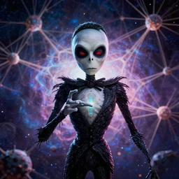 letting go of reality and experiencing the quantum feild, tim burton comic book art, cinematic, highly detailed, realistic, beautiful cosmic neural network, octane render, unreal engine, depth of field, trending on artstation, sharp focus