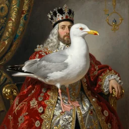 the royal king's gull by greg hildebrant fancy rococo baroque regal oil painting high quality award winning clothed in fancy garb