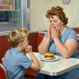 painting of a boy with blonde hair watching an obese woman pray before she eats her hamburger, set in a diner, 1950’s, highly detailed, by Norman Rockwell,