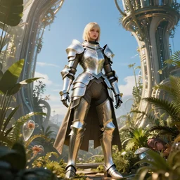 full armored female knight errant in a high tech botanical world with blue skies | style by Dmitry Khrapovitsky, vincent callebaut, dramatic light | high detail | cinematic lighting | pristine metals, glass, plants | solarpunk | golden hour | volumetric lighting | concept art |
