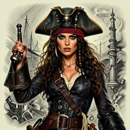 portrait,  female pirate captain, Dynamic lighting, cinematic, establishing shot, extremely high detail, foto realistic, cinematic lighting, pen and ink, intricate line drawings, post processed, concept art, artstation, matte painting, style by Raphael Lacoste, Eddie Mendoza
