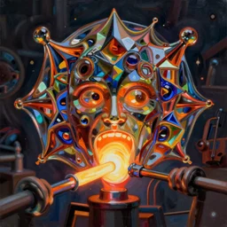 an extremely high quality hd surrealism painting of a 3d slow-shutter speed photo of the abstract soul of glassblowing by the victorious essence of beethovens 7th symphony, molten glass, glowing, liquid glass, 4k, high quality, ultra realistic, painting, vivid reflective impasto brushstrokes, geometric forms, highly detailed symmetry, the fifth series