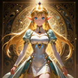 symmetry, portrait of anime girl princess zelda, ultra detailed, focused, sharp, sharp, sublime, elegant, intricate, anime, dynamic lighting, glowing lights, smooth, digital art, digital painting, artstation, wlop, sharp focus, low key, illustration, art by artgerm and greg rutkowski and alphonse mucha and frazetta, 8 k