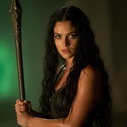 epic photo of young jessica biel as beautiful d & d sorceress with very long black hair, battle scene, holding her wizard staff, sweaty, neutral expression, perfect likeness, rim light glow, low contrast, soft light, low light, green hue, shallow depth of field, photorealistic, cinematic lighting, lovely bokeh, warm colours, night time, movie quality, green glow from the left, excalibur 1 9 8 5, movie still, cinemascope