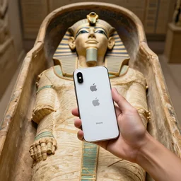 Ancient Egyptian sarcophagus opened revealing mummified remains of a pharaoh clutching a pristine iPhone with their hand. High resolution DSLR photograph