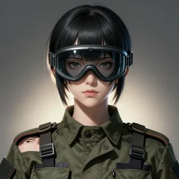 a painted gender ambiguous person, fused body parts, military clothing, combat visor, anime style, short hair mullet, symmetrical facial features, from arknights, hyper realistic, 4 k, rule of thirds, extreme detail, detailed drawing, trending artstation, hd, realistic lighting, by alphonse mucha, greg rutkowski, shoulder eyes, backlit