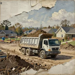 filling up a dump truck with dirt at a suburban construction yard, wide angle shot, intricate, detailed, torn paper decollage, oil on canvas by edward hopper, ( by mattias adolfsson ), by moebius