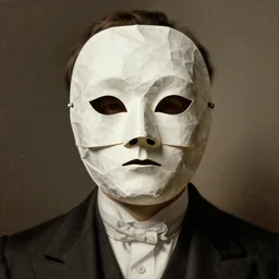 beautiful portrait of a man wearing a crumpled paper mask and formal suit, headshot, digital illustration, matte painting, hyperrealistic, photoreal, symmetry, highly detailed, sharp focus, 8 k, hd, intricate, by gustave moreau and albrecht durer