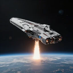 a single deep space grey futuristic scifi spacecraft launching form a planet surface3, dfust, particle, bokeh on background, concept art, matte painting, 4k , clean post process, film still, style by raphael lacoste, eddie mendoza, alex ross