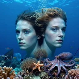 cinematic photograph of a mermaid with detailed faces, by tim walker and wes anderson, in the ocean, deep blue colours, lots of detail, fine facial features, coral reef, sea anemones, starfish, fish, octopus, stingray