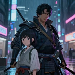 samurai with his daughter, rainy night, neon glow concept art, sharp focus, city background, intricate, digital painting cyberpunk 2077, octane render, wallpaper, highly detailed, anime key visual, cold colors, HD digital art, artstation, illustration, art by Artgerm, Makoto Shinkai, Ilya Kuvshinov, Lois Van Baarle and Rossdraws