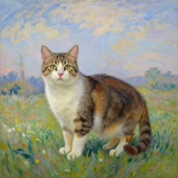A painting of a cat under the sky in a field, by Leonardo da Vinci, by Ross Tran, By Claude Monet, cgsociety, Trending on Artstation