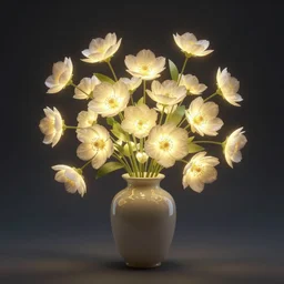 realistic photo of beautiful glowing flowers in vase, sharp focus, smooth dark background, wide angle shot, very hyper realistic, highly detailed, fantasy art station