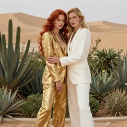 portrait of a girl with long red hair, very beautiful style, girl in a garden, in a gold suit, girl standing next to her and hugging her in a white suit blonde, desert, dunes, photorealism, edgard maxens,
