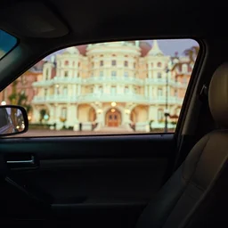 fuji 5 0 r, 3 5 mm ; ronin film still of car interior with front seat side window view with ; in the background projection of beautiful hyperrealistic film still from ronin ( 1 9 9 0 ) negresco hotel scene directed by wes anderson, highly detailed, cinematic lighting, 8 k