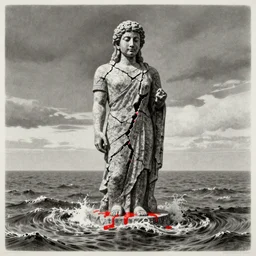 A giant stone statue emerging from the ocean, cracked and dripping red liquid, graphite illustration by MC Escher and Raqib Shaw, Pop-surrealism, hyperrealistic render,