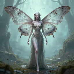 changeling insect Moth morphed human with long dress venture forth into the dreamworld highly detailed, digital painting, artstation, concept art, smooth, sharp focus, illustration, art by artgerm and greg rutkowski and alphonse mucha
