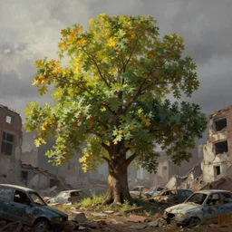oak tree growing in the ruins of a city, scrap cars, building remains, rubble, gray dull background, vibrant colorful green leaves, hyperrealistic, highly detailed, cinematic, single ray of golden sunlight, beautiful, cgssociety, artstation, oil painting by greg rutkowski, by artgerm, by wlop