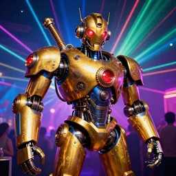 scene is elrow party in space in ibiza, portrait photo of a giant huge golden and blue metal steampunk robot, with gears and tubes, eyes are glowing red lightbulbs, shiny crisp finish, 3 d render, 8 k, insaneley detailed, fluorescent colors, haluzinogetic, background is multicolored lasershow