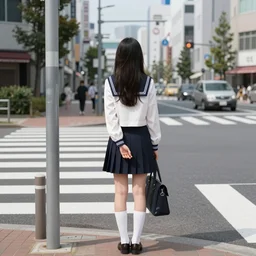 a girl with long hair on japanese uniform high school, waiting on a crosswalk, urban city background, digital art, 8 k,