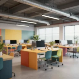 industrial newsroom, colorful furniture, ceiling ducts, octane render, unreal engine 5, ray tracing, depth of field