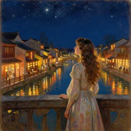 a beautiful painting of a girl resembling millie bobby brown standing on a bridge, watching the view from the river of the lantern festival in a an ancient italian town, at night with a sky full of stars, intricate, elegant, highly detailed, digital painting, artstation, concept art, by krenz cushart and artem demura and alphonse mucha