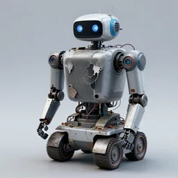 a photographic portrait of a decommissioned retail robot, loose wires, torn mesh, crusty electronics, high damage, surface imperfections, hard surface modeling, sub surface scattering, 8 k, octane render