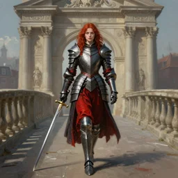 young redhead pale woman in dark and red princess dragon armor, she is holding a sword, walking on an ancient neoclassical bridge. by henriette ronner - knip, by william henry hunt, by rembrandt, by joseph mallord william turner, concept art,