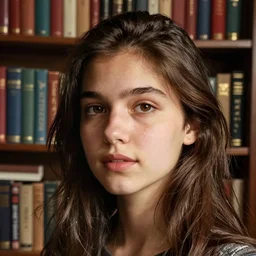 closeup headshot photo of the young adult woman from Rotterdam, overly decorated bookshelf in as the background and photography by Gregory Crewdson
