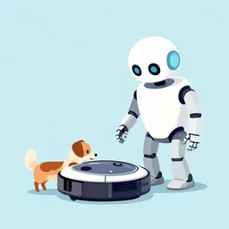 a robot feeding its pet roomba. simple background. clean cel shaded vector art. shutterstock. behance hd by lois van baarle, artgerm, helen huang, by makoto shinkai and ilya kuvshinov, rossdraws, illustration, art by ilya kuvshinov